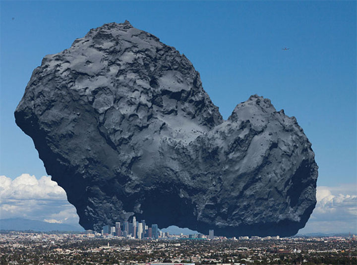 See on komeet 67P, millel me ka hüpata tahaks. Ei, ta ei ole Maale kukkunud, vaid see illustreeriv pilt Los Angelesi taustal ilmestamaks komeedi suurust. 