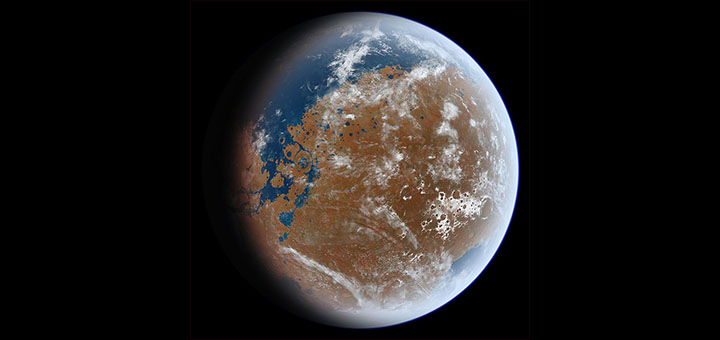 Vesi Marsil. Kunstniku nÃ¤gemus sellest, milline vÃµis iidne Marss geoloogiliste andmete pÃµhjal vÃ¤lja nÃ¤ha, kui Marsil voolas veel toona vesi. Foto allikas: Wikipedia, Water on Mars.