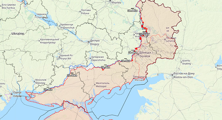 Soome reservohvitseride hallatavad Ukraina rindekaart Scribble Maps rakenduses, kus rinnet liigutatakse ainult siis, kui see on faktiliselt leidnud kinnitust. Autor/allikas: Ekraanitõmmis vastavalt Scribble Maps kaardilt. 